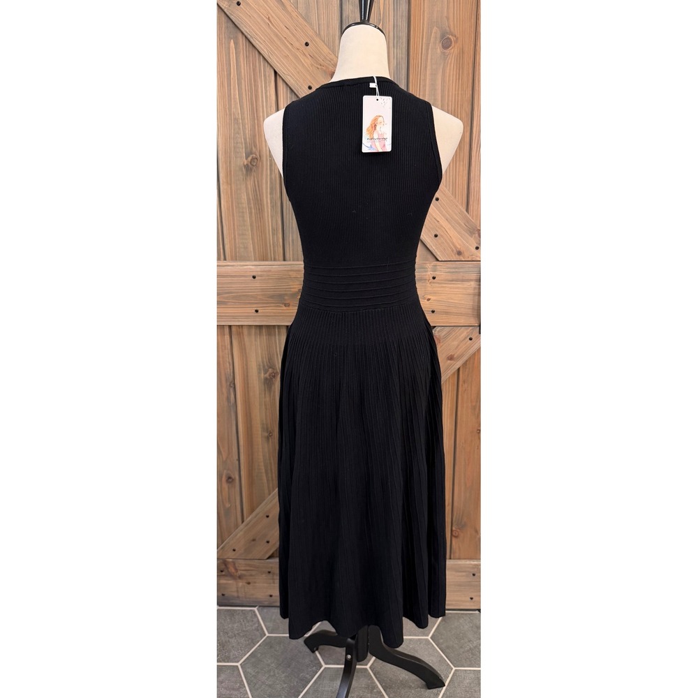 PrettyGarden Black Ribbed Knit Sleeveless Midi Dress Crew Neck Medium NWT - Picture 3 of 4